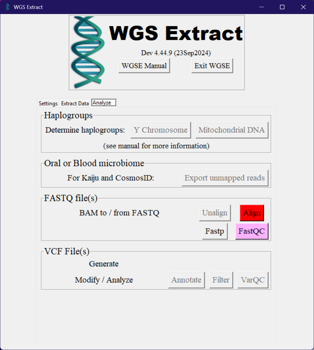 The Analyze tab of WGS Extract The Analyze tab of WGS Extract