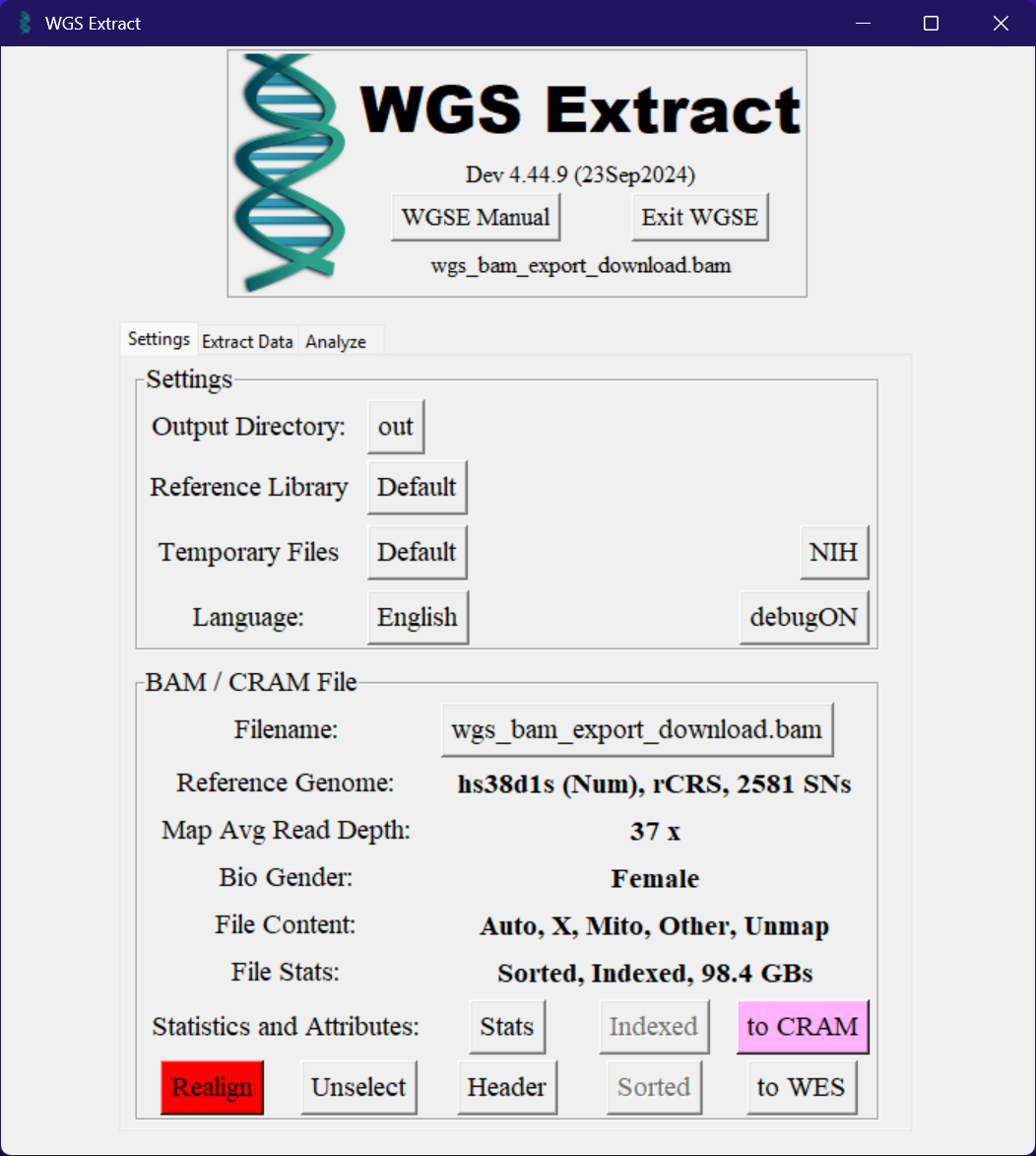 WGS Extract with a BAM file loaded WGS Extract with a BAM file loaded