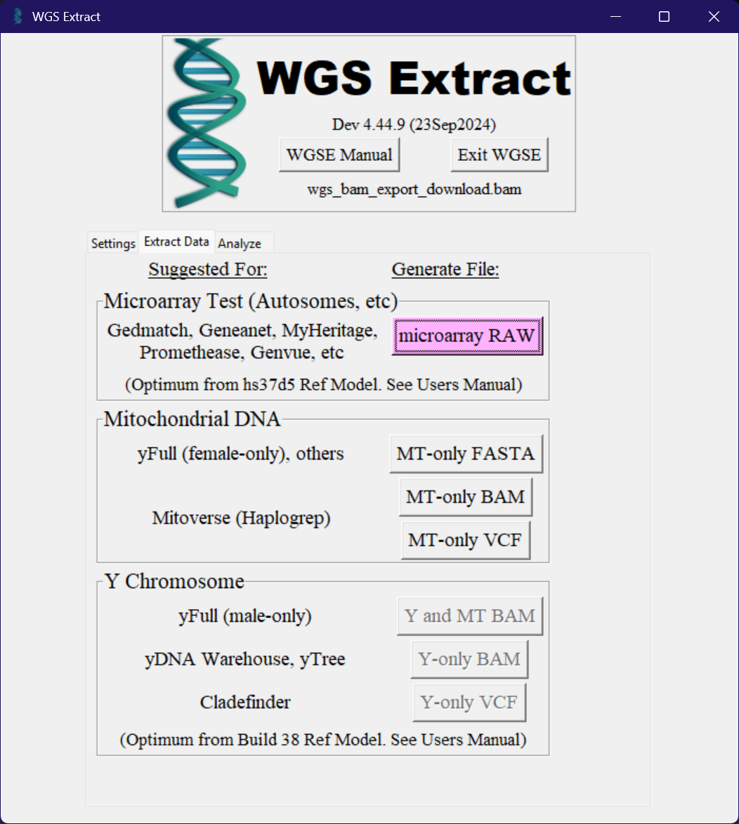 The Extract Data tab in WGS Extract The Extract Data tab in WGS Extract