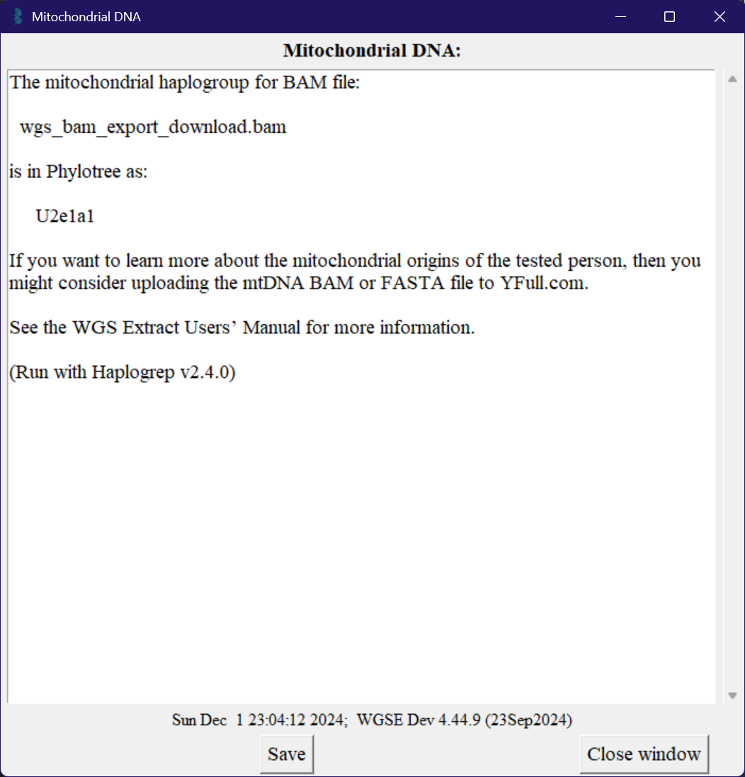 The haplogroup window in WGS Extract The haplogroup window in WGS Extract