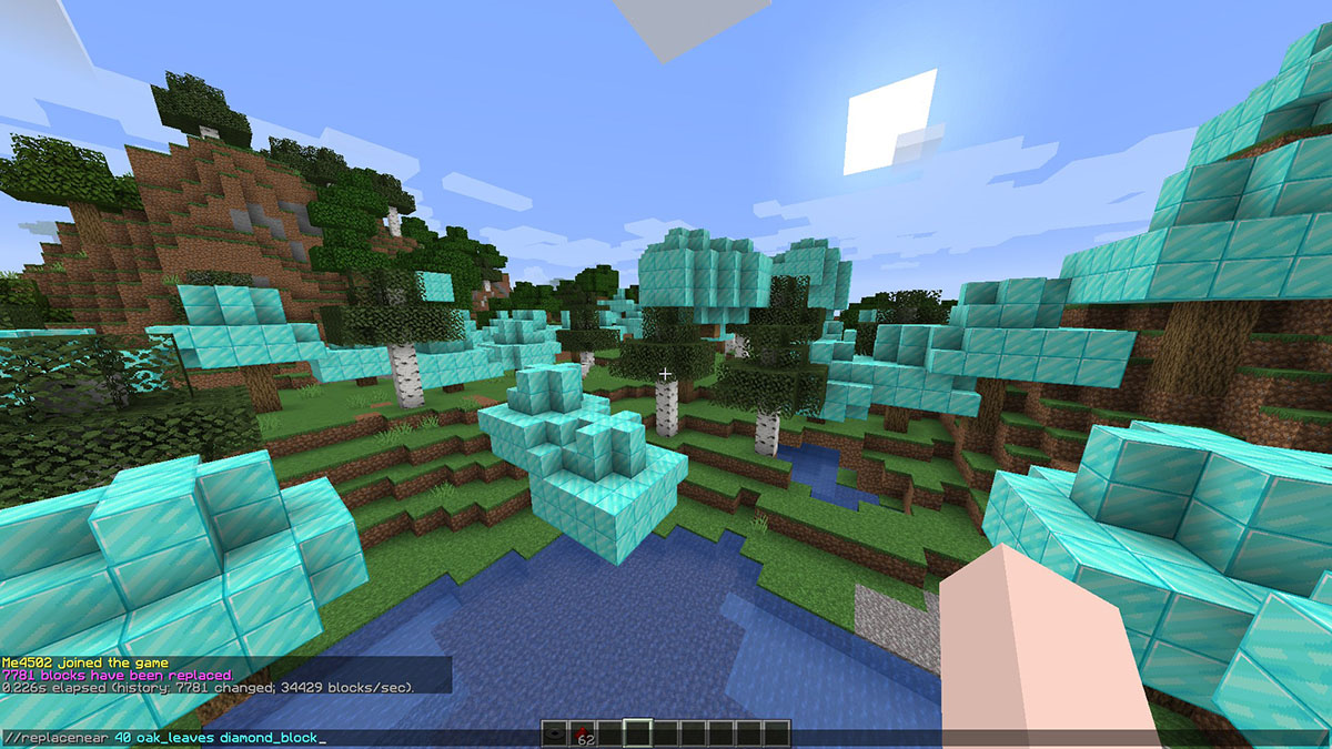 Switching all nearby oak leaves with diamond blocks using WorldEdit A user replacing all oak_leaves with diamond_block in a radius of 40 using WorldEdit